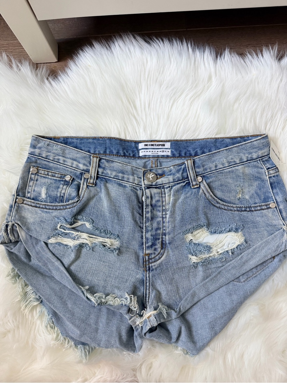 One Teaspoon Light Blue Distressed Cropped Denim Shorts